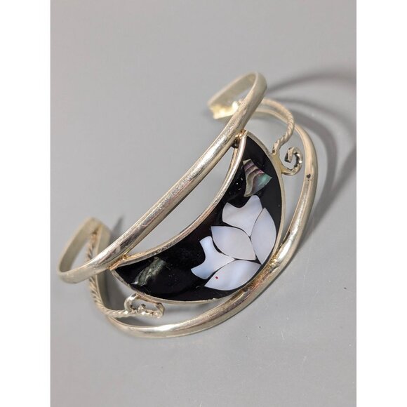 Alpaca Mexico Crescent Moon Shell Inlay Flower Cuff Bracelet Silver Tone 6" - Picture 2 of 10